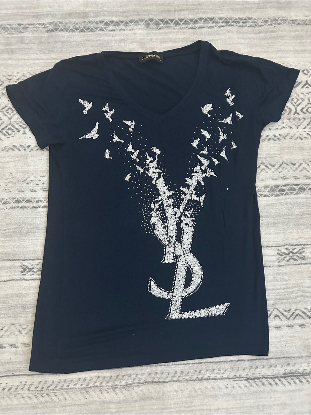 Yves Saint Laurent Navy V-Neck Rhinestone Logo Tee with Butterfly Motif
